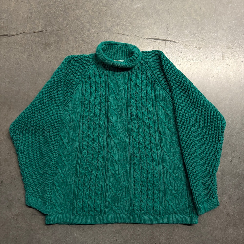 Vintage Forenza Emerald Green Cable Knit Turtleneck Sweater Ramie Cotton Blend M